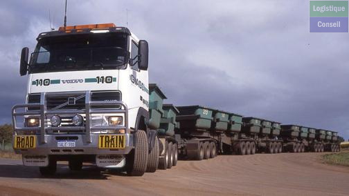 (Ensemble tracteur routier + remorque + remorque + …). Ensemble de véhicules routiers constitué de plusieurs remorques de façon analogue à celle d'une rame de chemin de fer. Ce type d’ensemble routier est très utilisé dans le domaine de l’exploitation minière. Train_vehicules.JPG